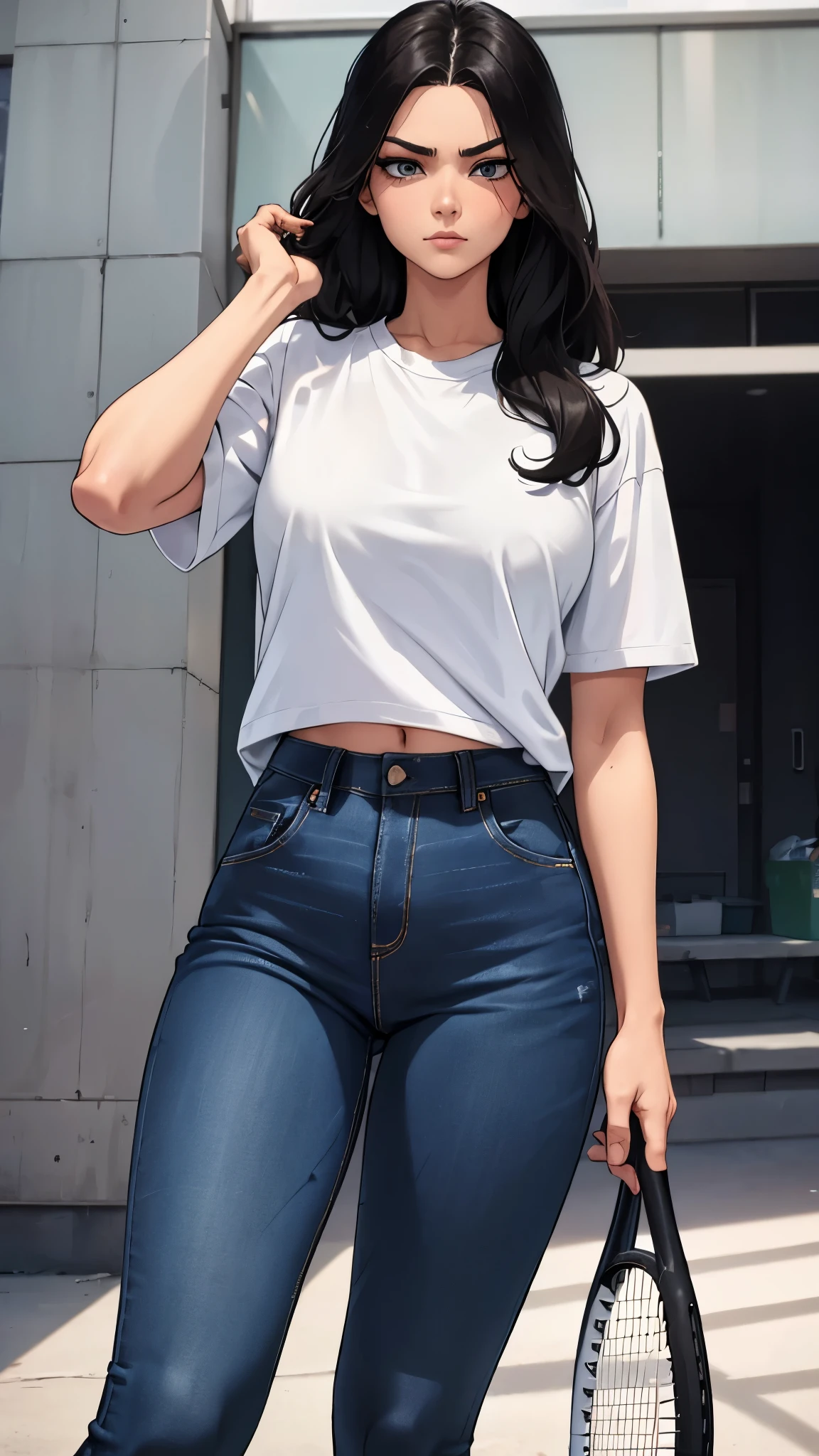 Andrea was taller, with the same slim build, only her character was more closed and serious, her clothing was very sporty, tennis jeans and a white t-shirt. Black long hair