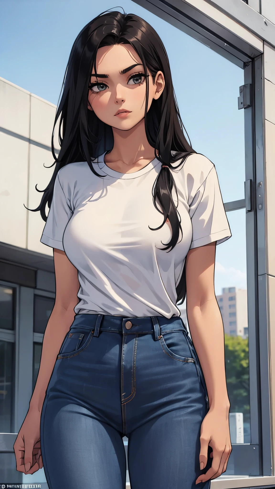 College girl, big, tight t-shirt, jeans, long black hair