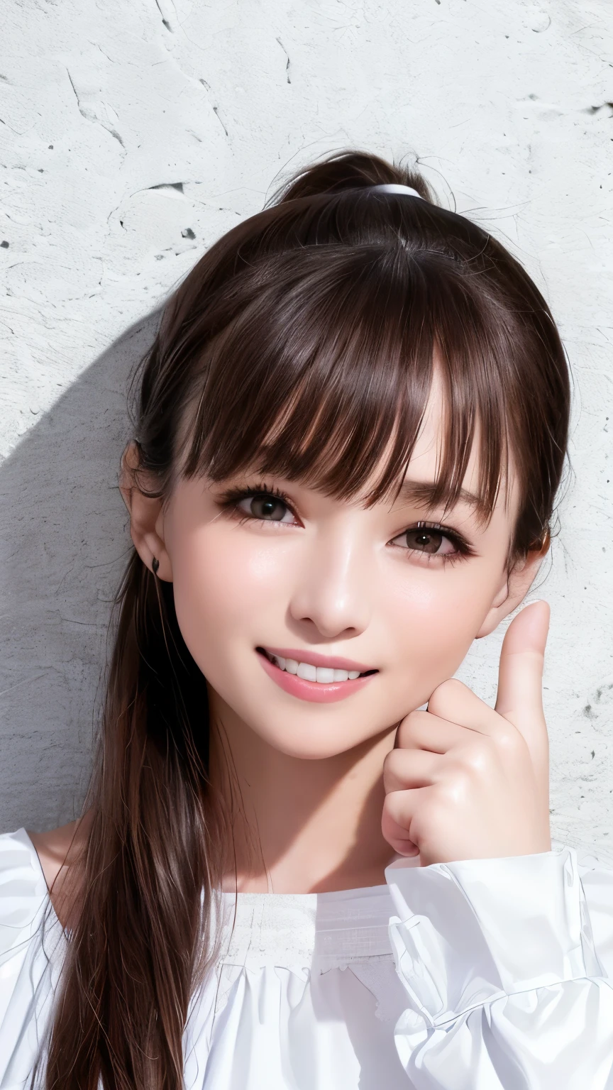 (Highest quality、8K、32k、masterpiece)、(Realistic)、(Realistic:1.2)、(High resolution)、Very detailed、Very beautiful face and eyes、1 Girl、Round and small face、Tight waist、Delicate body、(Highest quality、Attention to detail、Rich skin detail)、(Realistic、Realistic:1.37)、Bright colors、(((Brown Hair)))、(((Upper Body Shot)))、(((Medium Hair、ponytail)))、(((White wall background)))、(((White wall background)))、(((smile)))、(((smile)))、(((Thumbs up with your right hand)))、(((She is wearing a white blouse)))、