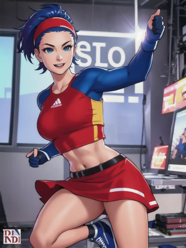 20-year-old woman, alone, alone, athletic, sexy body, wears a short red skirt and blue shorts under the skirt, wears a red and blue top close to her body, wears blue exercise gloves that cover almost her entire forearm, headband on her head with a star, long blue hair flowing, blue sneakers, looks at the viewer very happy, cinematic, ultra-sharp focus, award-winning photography, perfect contrast, high sharpness, depth of field. ultra detailed photography, global illumination, fluid, ultra high definition, 8k, Unreal Engine 5, ultra sharp focus, award winning photography, art season trends,
