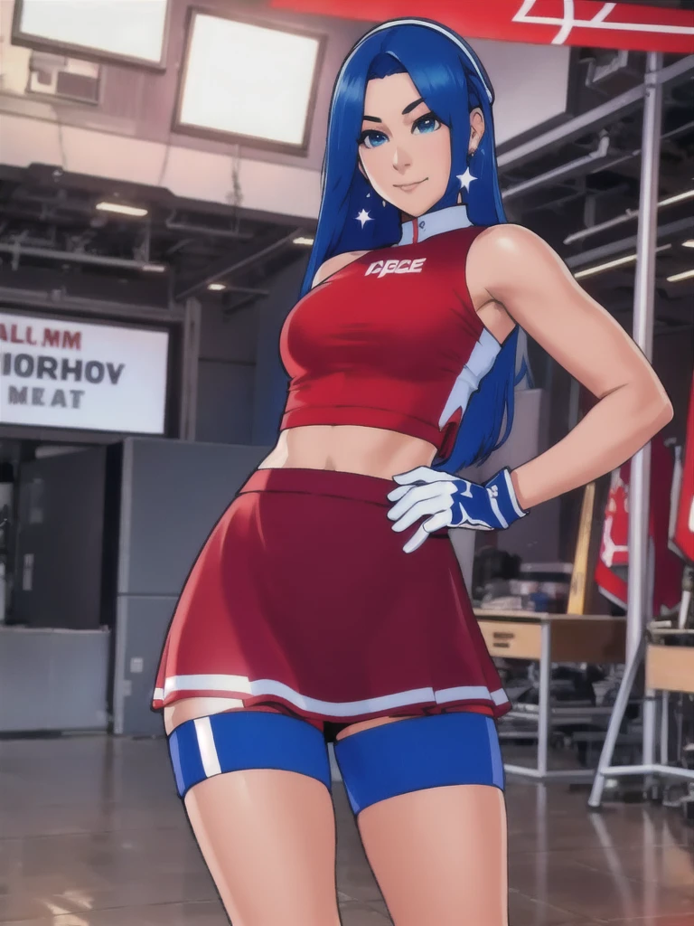 20-year-old woman, alone, alone, athletic, sexy body, wears a short red skirt and blue shorts under the skirt, wears a red and blue top close to her body, wears blue exercise gloves that cover almost her entire forearm, headband on her head with a star, long blue hair flowing, blue sneakers, looks at the viewer very happy, cinematic, ultra-sharp focus, award-winning photography, perfect contrast, high sharpness, depth of field. ultra detailed photography, global illumination, fluid, ultra high definition, 8k, Unreal Engine 5, ultra sharp focus, award winning photography, art season trends,
