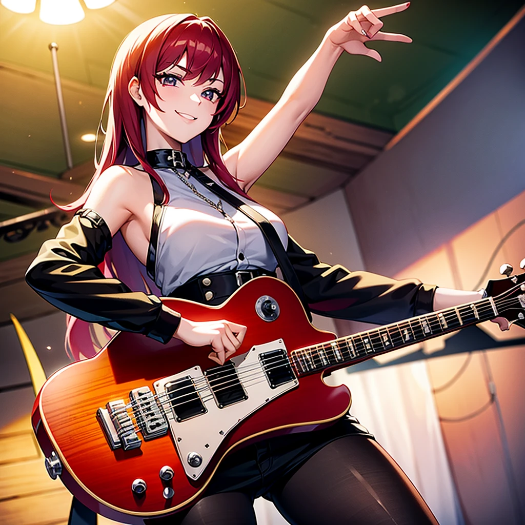 flying guitar burns, Princess of Heavy Metal, Cherry Sunburst, V-Shaped Guitar, Sassy Young Lady Guitarist Click Posing with wry smile, Uprising Her Guitar