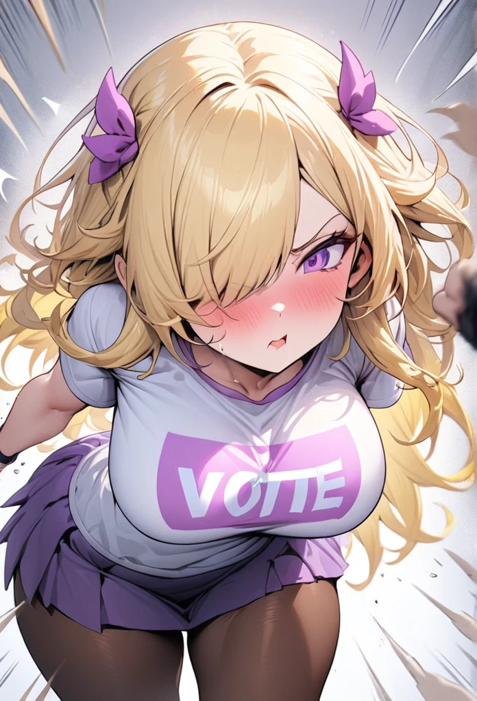 ((Best Quality)), ((Masterpiece)), (detailed), 1 girl, Pastel yellow hair, long hair, hair covers one eye, purple eyes, big breasts, big thighs, , white vote t-shirt, purple skirt, brown pantyhose, pouting, expwctativa arrives, clenching fists, throwing a tantrum