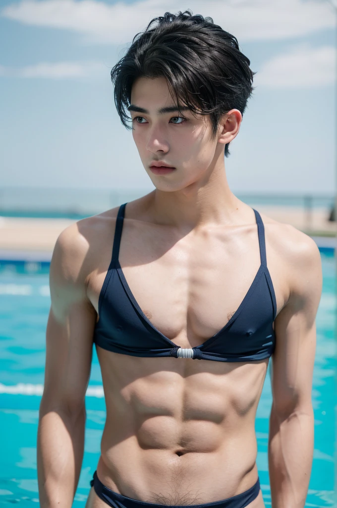 Eine hyperrealistische, 20 year old boy with white skin, Athletic Body Spiky Hair,Serious male thoughtful observer wearing dark blue swimming thong, Mokkori,