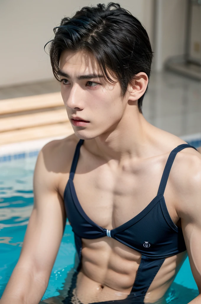 Eine hyperrealistische, 20 year old boy with white skin, Athletic Body Spiky Hair,Serious male thoughtful observer wearing dark blue swimming thong, Mokkori,