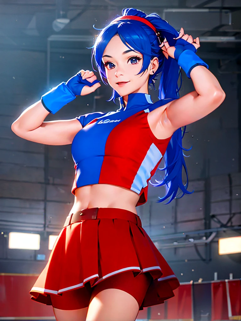 20-year-old woman, alone, alone, athletic, sexy body, wears a short red skirt and blue shorts under the skirt, wears a red and blue top close to her body, wears blue exercise gloves that cover almost her entire forearm, headband on her head with a star, long blue hair flowing, blue sneakers, looks at the viewer very happy, cinematic, ultra-sharp focus, award-winning photography, perfect contrast, high sharpness, depth of field. ultra detailed photography, global illumination, fluid, ultra high definition, 8k, Unreal Engine 5, ultra sharp focus, award winning photography, art season trends,
