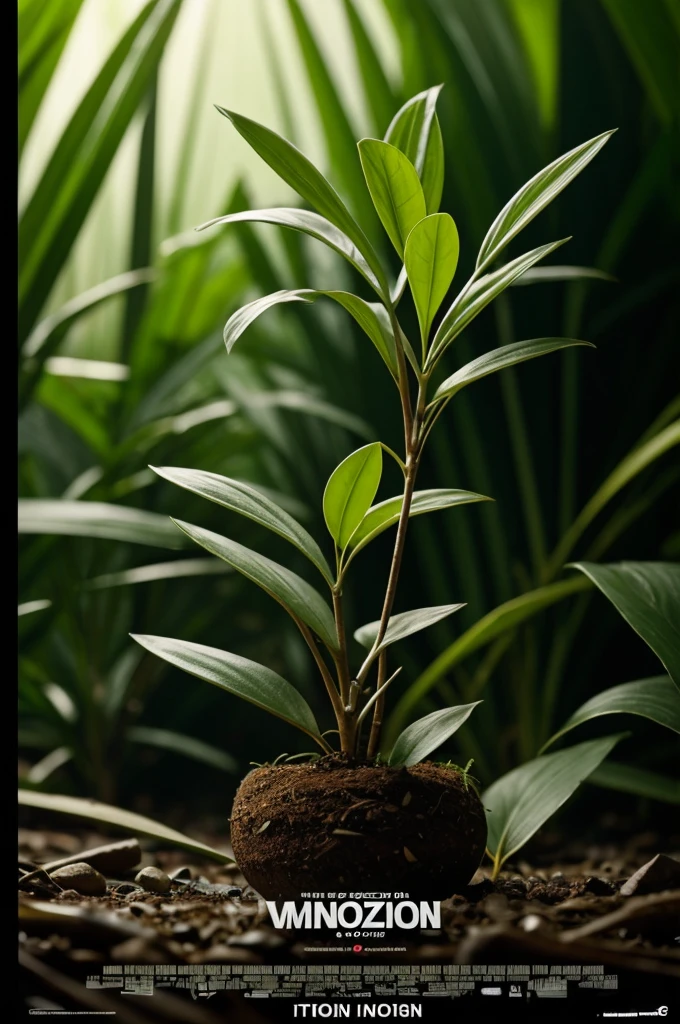 Intensely the film, a captivating poster. The composition exudes cinematic lighting and color gradation. Show a small plant growing in an Amazonian environment. The plant is small, but with strong roots