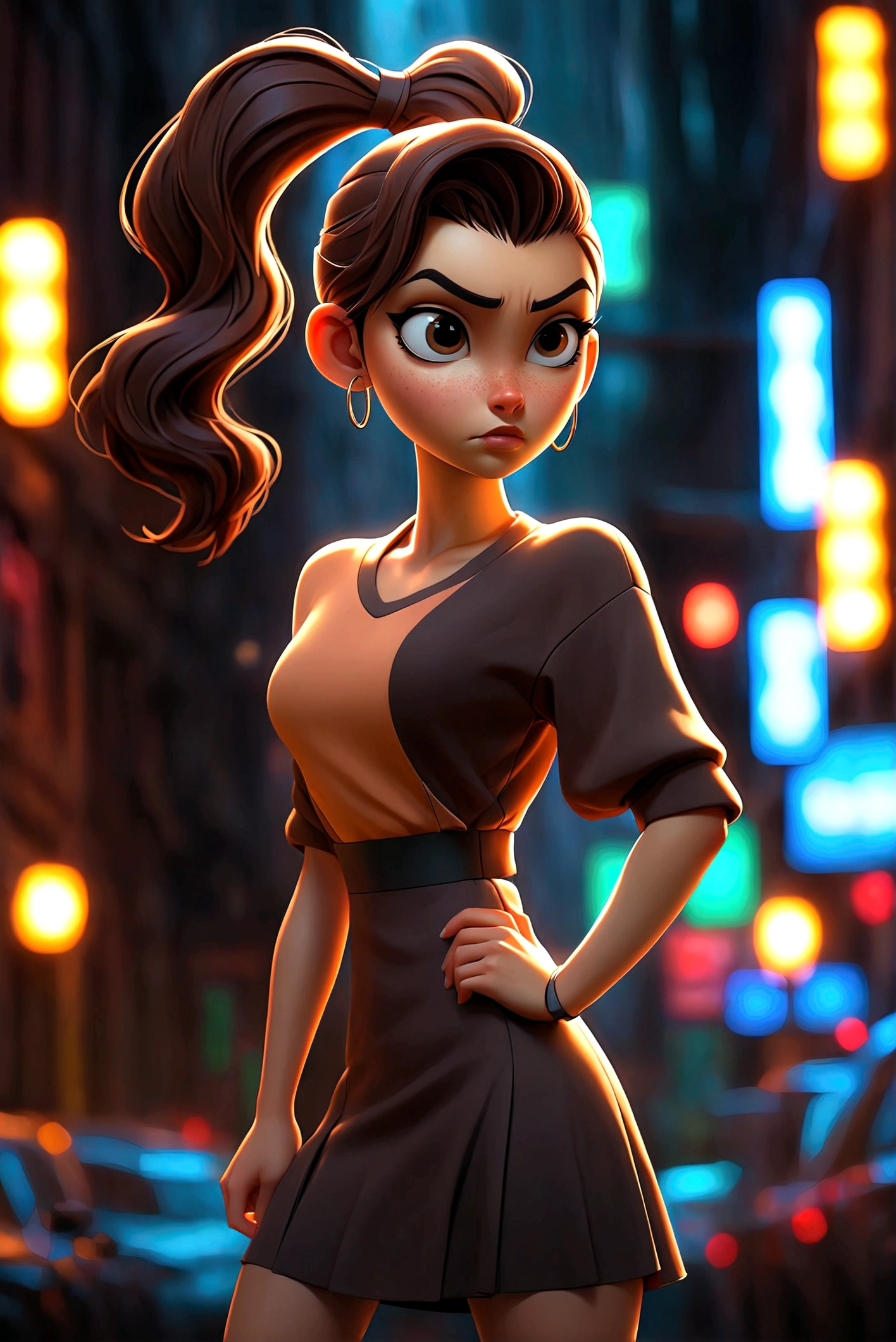 (best quality, 1girl, full body shot, standing, wearing a short dress, moody lighting, neon lights background, city street, beautiful detailed eyes, dark brown hair, high ponytail)