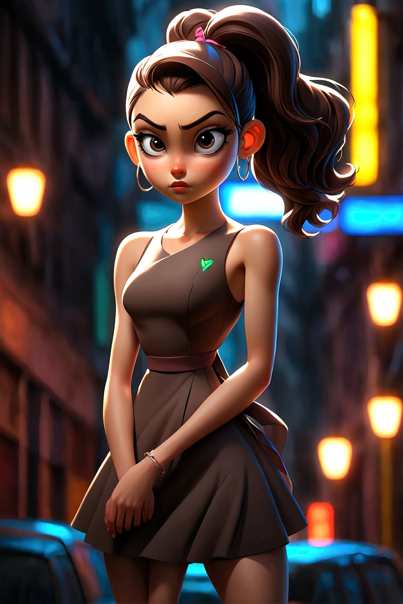 (best quality, 1girl, full body shot, standing, wearing a short dress, moody lighting, neon lights background, city street, beautiful detailed eyes, dark brown hair, high ponytail)