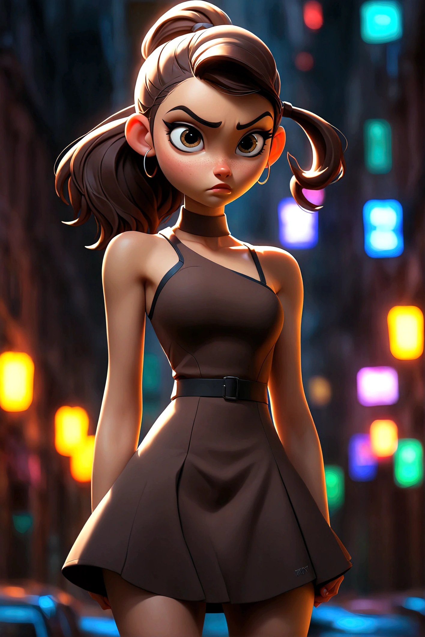 (Best Quality, 1 girl, full body shot, standing,bare breasts,  changing lighting, neon lights background, city street, Beautiful detailed eyes, dark brown hair, High ponytail)
