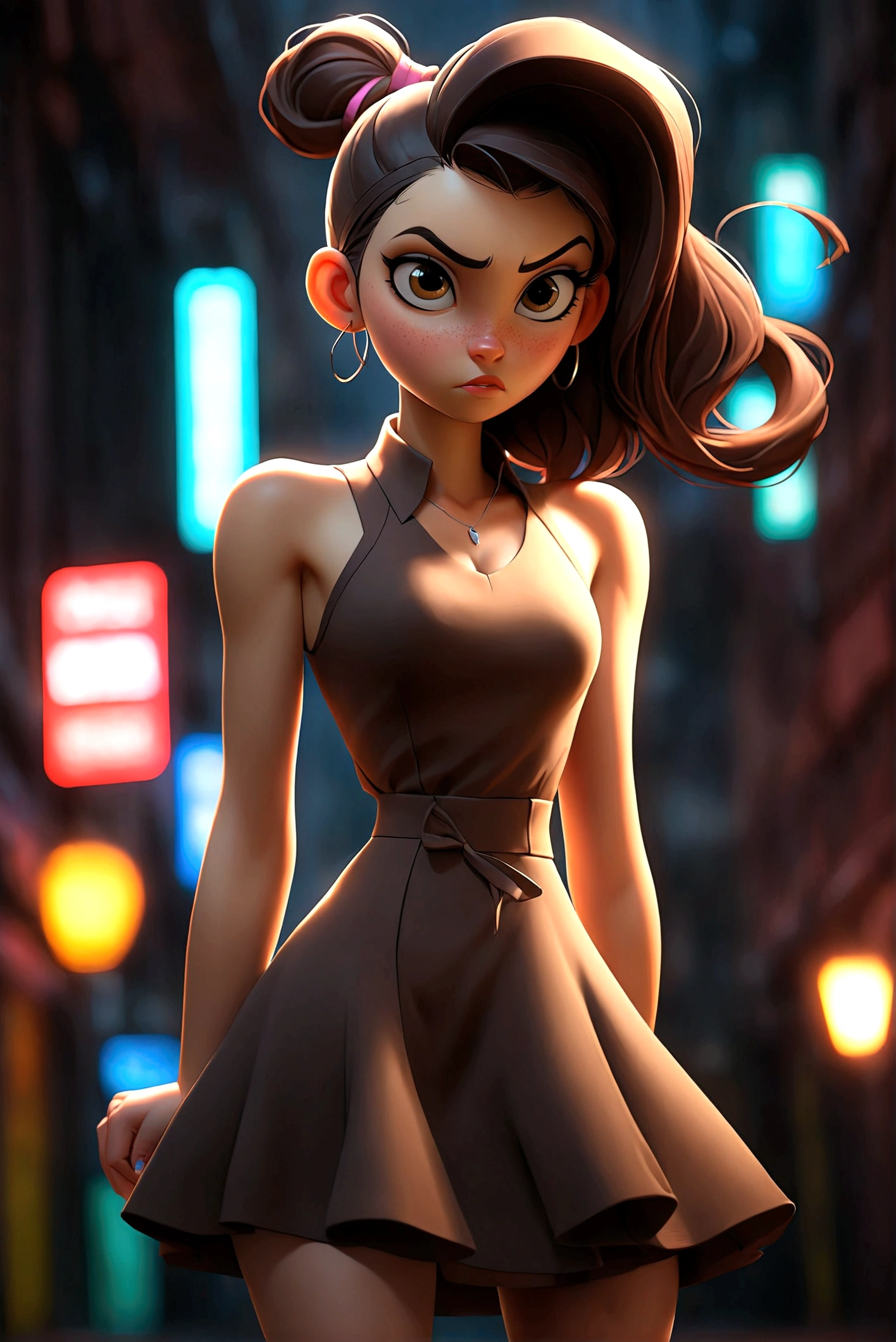 (Best Quality, 1 girl, full body shot, standing, wearing a short dress,bare breasts, changing lighting, neon lights background, city street, Beautiful detailed eyes, dark brown hair, High ponytail)