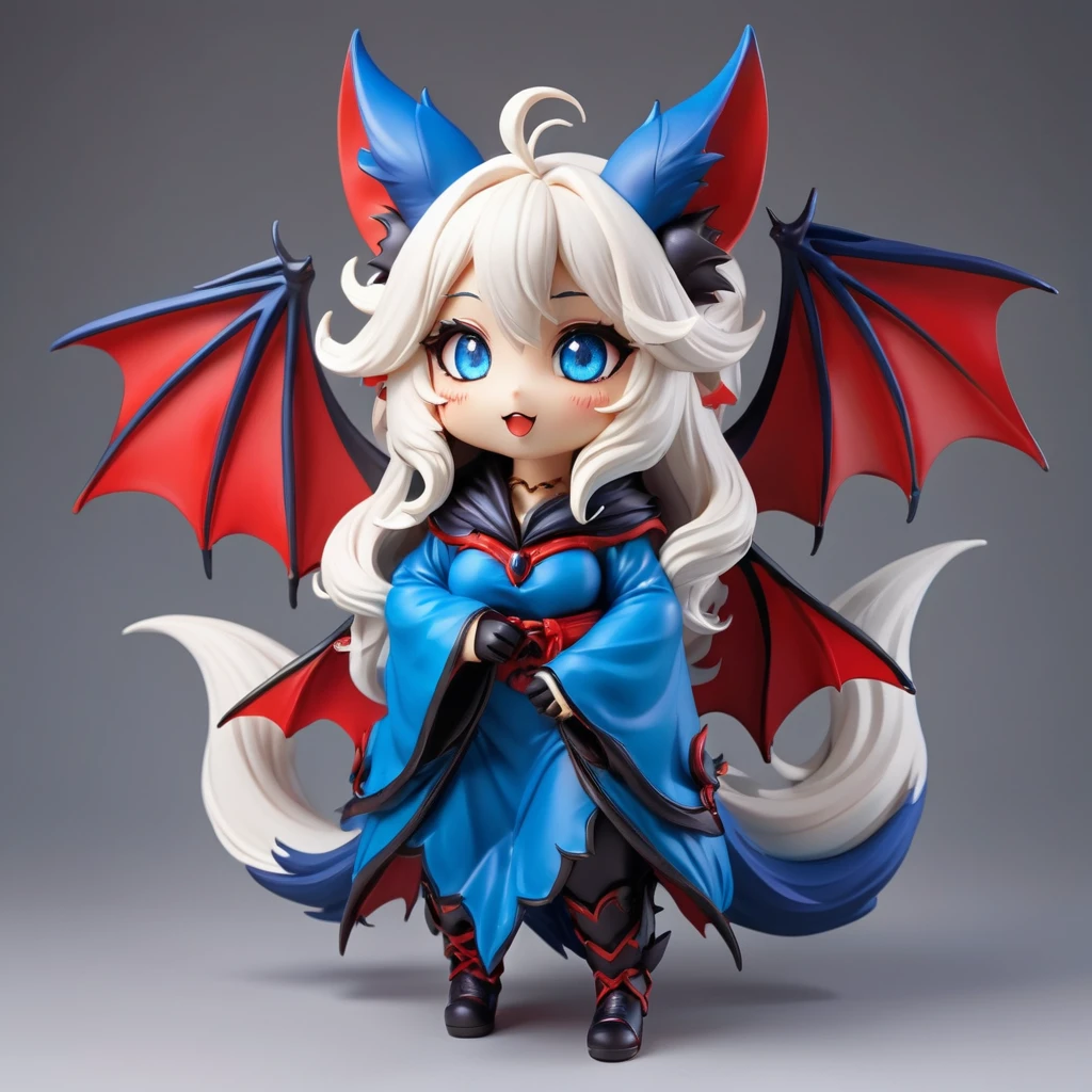furry kemono commission style, a cute bat goddess with big ears and long white wavy hair, beautiful detailed eyes, beautiful detailed lips, extremely detailed face, blue eyes, happy expression, dressed in blue and red casual style, bat wings on the back, curvy figure, full body shot, 8k, hyper-detailed, intricate details, dynamic pose, vibrant colors, dramatic lighting, fantasy art, digital painting