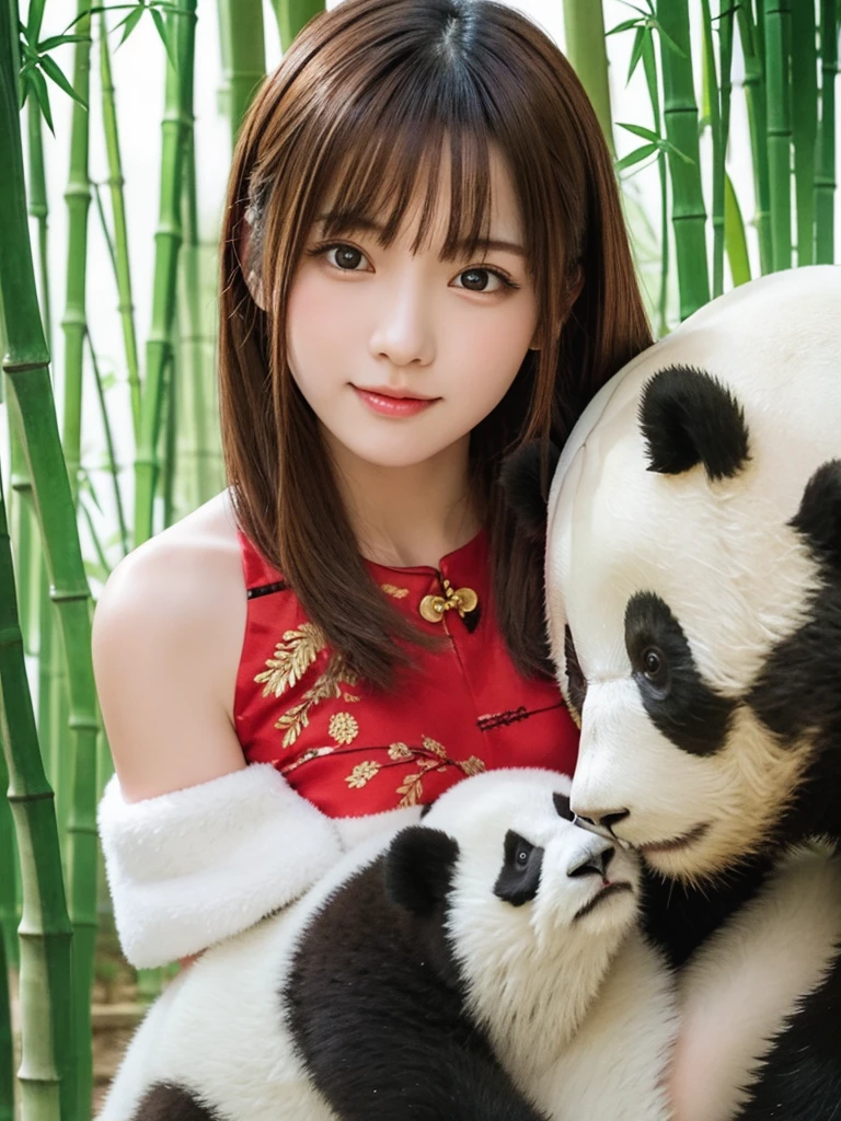 One Girl, (Beautiful girl, Delicate girl:1.3), (15 years old:1.3),
break, (Chinese National Costume:1.2),
break, (bamboo forest:1.2), (Cuddling a Giant Panda:1.2),
break, Very beautiful eyes, (Symmetrical eyes:1.3),
break, Small breasts, Brown eyes, Parted bangs, Brown Hair, (Upper teeth, The best smile:0.2),
break, (Eye and facial details:1.0),
break, (masterpiece, Highest quality, Super detailed, Detailed face, 8K)