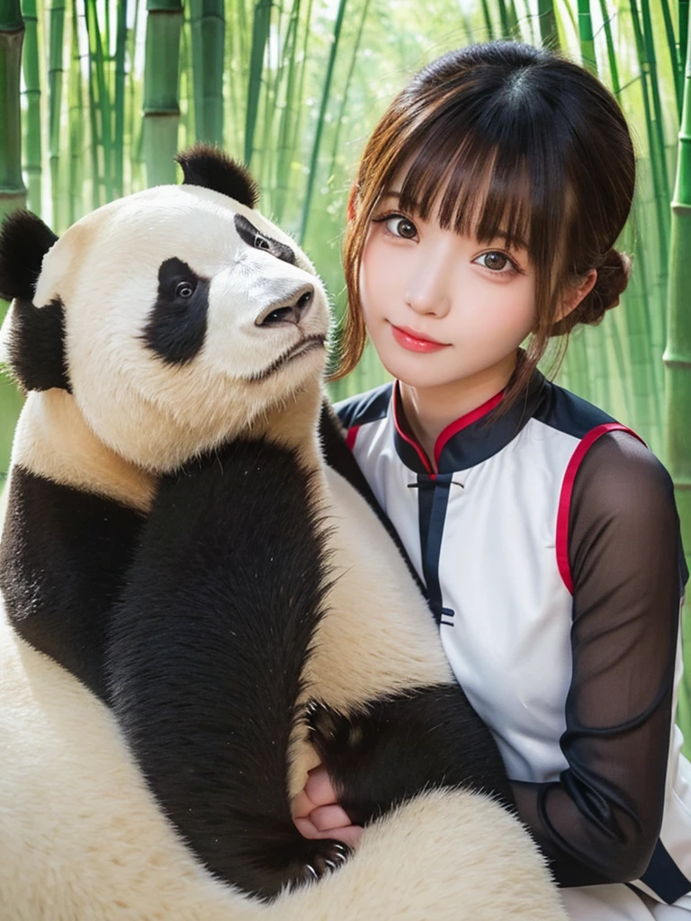One Girl, (Beautiful girl, Delicate girl:1.3), (15 years old:1.3),
break, (Chinese National Costume:1.2),
break, (bamboo forest:1.2), (Cuddling a Giant Panda:1.2),
break, Very beautiful eyes, (Symmetrical eyes:1.3),
break, Small breasts, Brown eyes, Parted bangs, Brown Hair, (Upper teeth, The best smile:0.2),
break, (Eye and facial details:1.0),
break, (masterpiece, Highest quality, Super detailed, Detailed face, 8K)