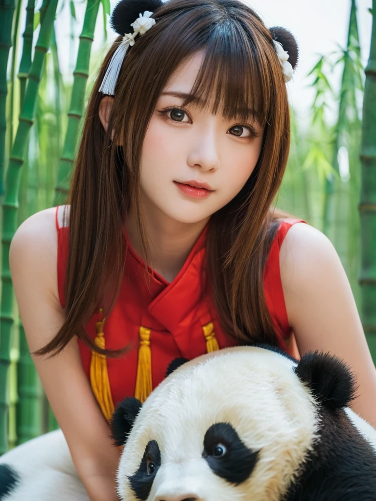 One Girl, (Beautiful girl, Delicate girl:1.3), (15 years old:1.3),
break, (Chinese National Costume:1.2),
break, (bamboo forest:1.2), (Cuddling a Giant Panda:1.2),
break, Very beautiful eyes, (Symmetrical eyes:1.3),
break, Small breasts, Brown eyes, Parted bangs, Brown Hair, (Upper teeth, The best smile:0.2),
break, (Eye and facial details:1.0),
break, (masterpiece, Highest quality, Super detailed, Detailed face, 8K)