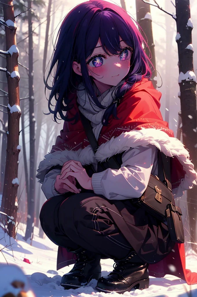 aihoshino, Ai Hoshino, Long Hair, bangs, (Purple eyes:1.1), Purple Hair, (Symbol-shaped pupil:1.5), smile,,smile,blush,White Breath,
Open your mouth,snow,Ground bonfire, Outdoor, boots, snowing, From the side, wood, suitcase, Cape, Blurred, , forest, White handbag, nature, Squat, Mouth closed, Cape, winter, Written boundary depth, Black shoes, red Cape break looking at viewer, Upper Body, whole body, break Outdoor, forest, nature, break (masterpiece:1.2), Highest quality, High resolution, unity 8k wallpaper, (shape:0.8), (Beautiful and beautiful eyes:1.6), Highly detailed face, Perfect lighting, Highly detailed CG, (Perfect hands, Perfect Anatomy),
