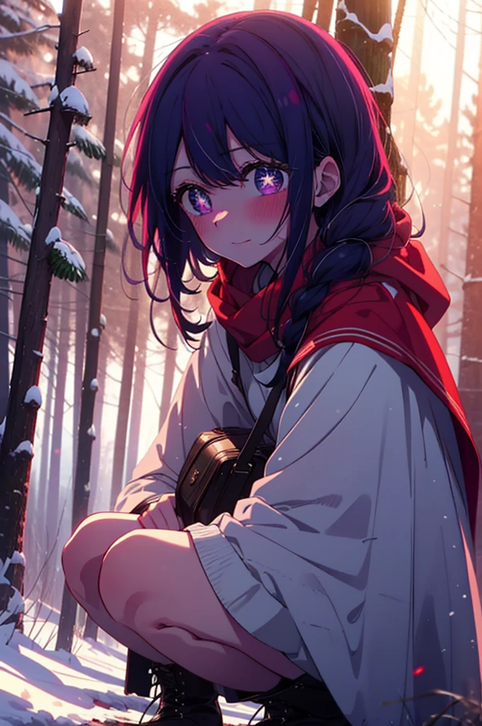 aihoshino, Ai Hoshino, Long Hair, bangs, (Purple eyes:1.1), Purple Hair, (Symbol-shaped pupil:1.5), smile,,smile,blush,White Breath,
Open your mouth,snow,Ground bonfire, Outdoor, boots, snowing, From the side, wood, suitcase, Cape, Blurred, , forest, White handbag, nature,  Squat, Mouth closed, Cape, winter, Written boundary depth, Black shoes, red Cape break looking at viewer, Upper Body, whole body, break Outdoor, forest, nature, break (masterpiece:1.2), Highest quality, High resolution, unity 8k wallpaper, (shape:0.8), (Beautiful and beautiful eyes:1.6), Highly detailed face, Perfect lighting, Highly detailed CG, (Perfect hands, Perfect Anatomy),