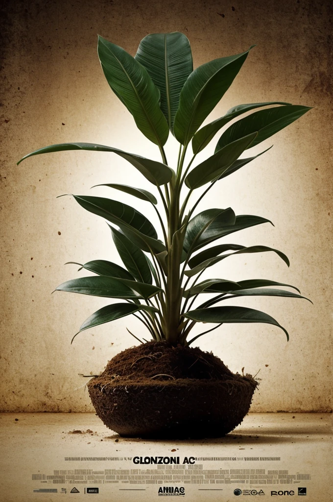 Intensely the film, a captivating poster. The composition exudes cinematic lighting and color gradation. Show a small plant growing in an Amazonian environment. The plant is small, but with strong roots