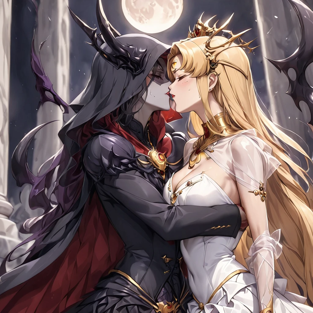 ((Highest quality)), ((masterpiece)), (detailed), (Perfect Face)、The woman is a dark queen with a black inverted crescent moon mark on her forehead, wearing a gorgeous, glittering black Gothic Victorian dress, a black veil, and a black see-through cape, as well as luxurious jeweled accessories.、The man is Demand, the dignified, evil, and powerful silver-haired demon king.、The Demon King of the Black Moon and the Dark Queen of the Black Moon in love、The woman is Black Serenity, the noble dark queen of the Black Moon clan and has blonde hair.2The woman with long hair tied up is Princess Serenity、The woman embraces the strong and evil demon king, kisses him, and has sex with him in the temple of the black moon.、The woman is a dark queen with a black inverted crescent moon mark on her forehead, wearing a gorgeous, glittering black Gothic Victorian dress, a black veil, and a black see-through cape, as well as luxurious jeweled accessories.で幸せそうな表情の漆黒のプリンセスセレニティで恋する乙女の表情、A woman and a strong, evil demon king man are embracing the dark bride woman, kissing her vows and getting married.、The man is a strong and evil demon king who embraces the woman, kisses her in oath, and has sex with her in the Temple of the Black Moon.、A loving couple
