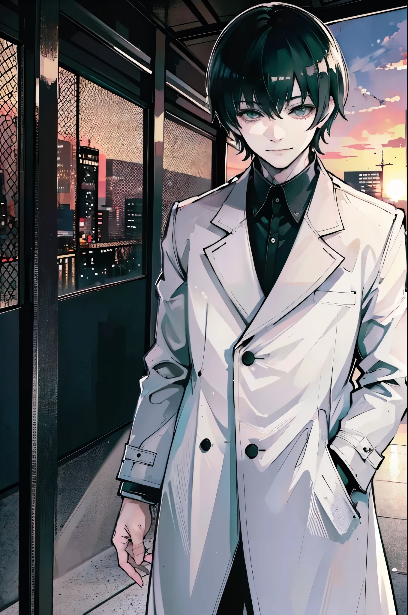 young man, black medium hair, green eyes, smiling, medium hair, wearing a pure white trench coat, wearing black pants, in one city, 4k, detailed, sui ishida art style, detailed eyes, in a sunset city
