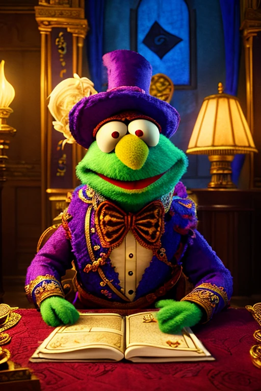 a muppet character performing tarot card reading, hyper detailed, intricate, ornate, cinematic lighting, dramatic atmosphere, lush colors, seamless digital art, highly realistic, 8k, masterpiece