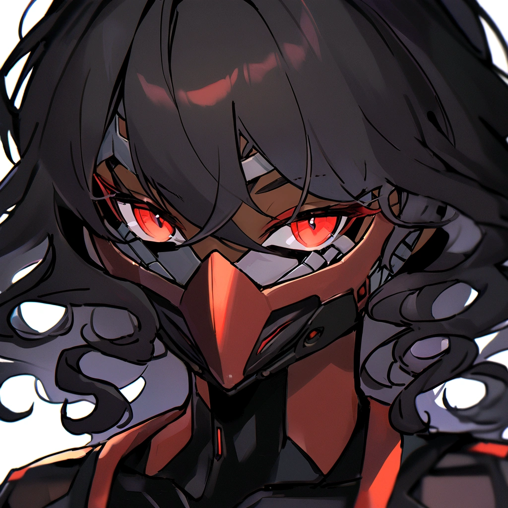 make me a female, 30 years old, dark skin, black long curly hair, red eyes, cyber clothes, red and black outfit, mask