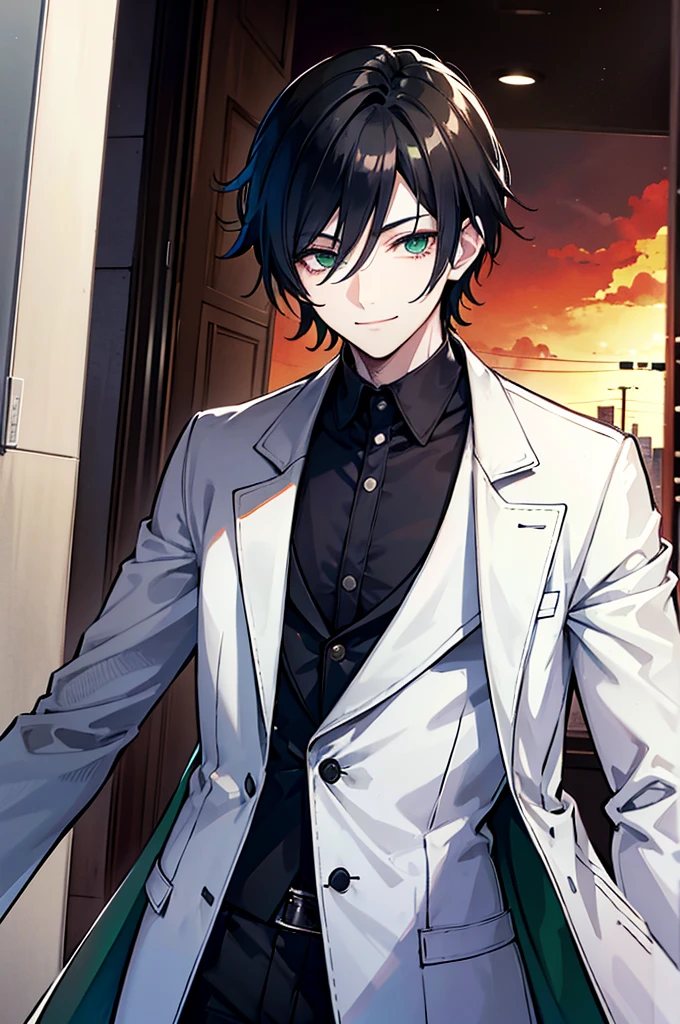 young man, black medium hair, green eyes, smiling, medium hair, wearing a pure white trench coat, wearing black pants, in one city, 4k, detailed, sui ishida art style, detailed eyes, in a sunset city
