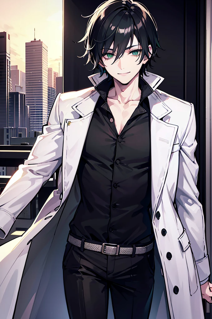 young man, black medium hair, green eyes, smiling, medium hair, wearing a pure white trench coat, wearing black pants, in one city, 4k, detailed, sui ishida art style, detailed eyes, in a sunset city
