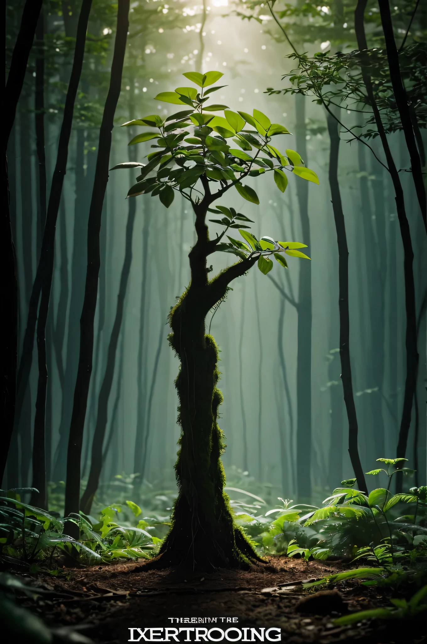 Intensely the film, a captivating poster. The composition exudes cinematic lighting and color gradation. Show a small plant growing, with strong, large roots at the bottom.
