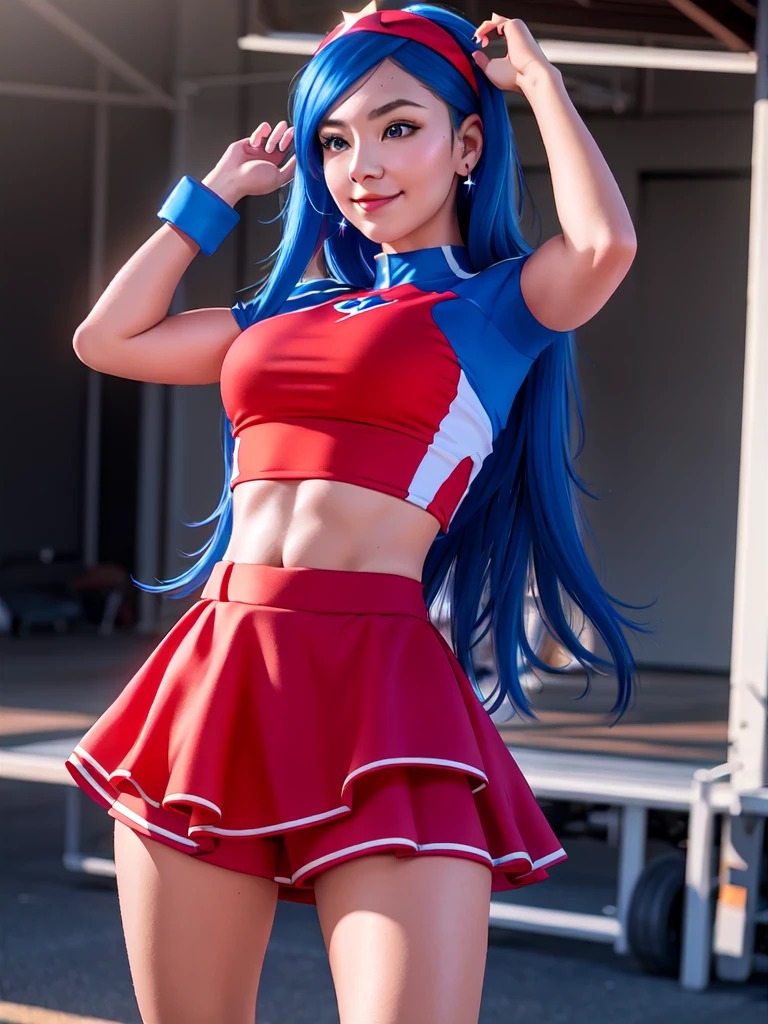 20-year-old woman, alone, alone, athletic, sexy body, wears a short red skirt and blue shorts under the skirt, wears a red and blue top close to her body, wears blue exercise gloves that cover almost her entire forearm, headband on her head with a star, long blue hair flowing, blue sneakers, looks at the viewer very happy, cinematic, ultra-sharp focus, award-winning photography, perfect contrast, high sharpness, depth of field. ultra detailed photography, global illumination, fluid, ultra high definition, 8k, Unreal Engine 5, ultra sharp focus, award winning photography, art season trends,
