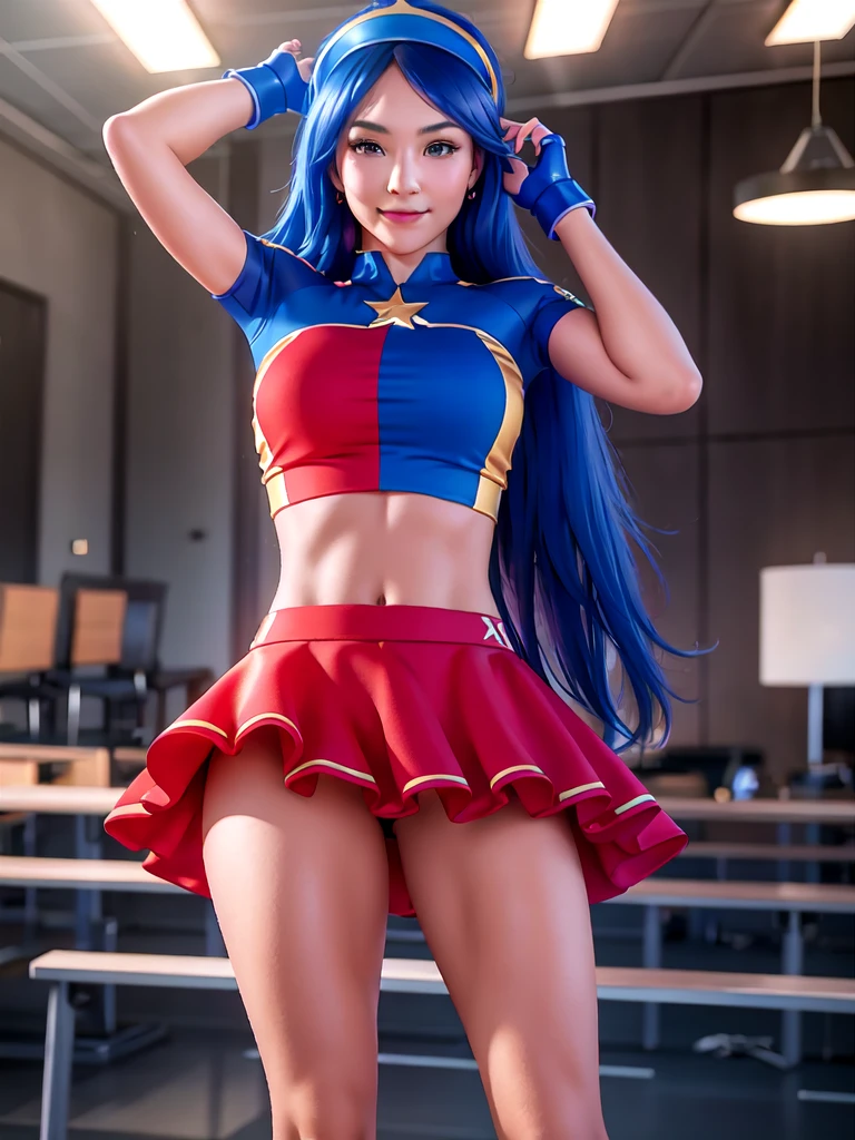 20-year-old woman, alone, alone, athletic, sexy body, wears a short red skirt and blue shorts under the skirt, wears a red and blue top close to her body, wears blue exercise gloves that cover almost her entire forearm, headband on her head with a star, long blue hair flowing, blue sneakers, looks at the viewer very happy, cinematic, ultra-sharp focus, award-winning photography, perfect contrast, high sharpness, depth of field. ultra detailed photography, global illumination, fluid, ultra high definition, 8k, Unreal Engine 5, ultra sharp focus, award winning photography, art season trends,
