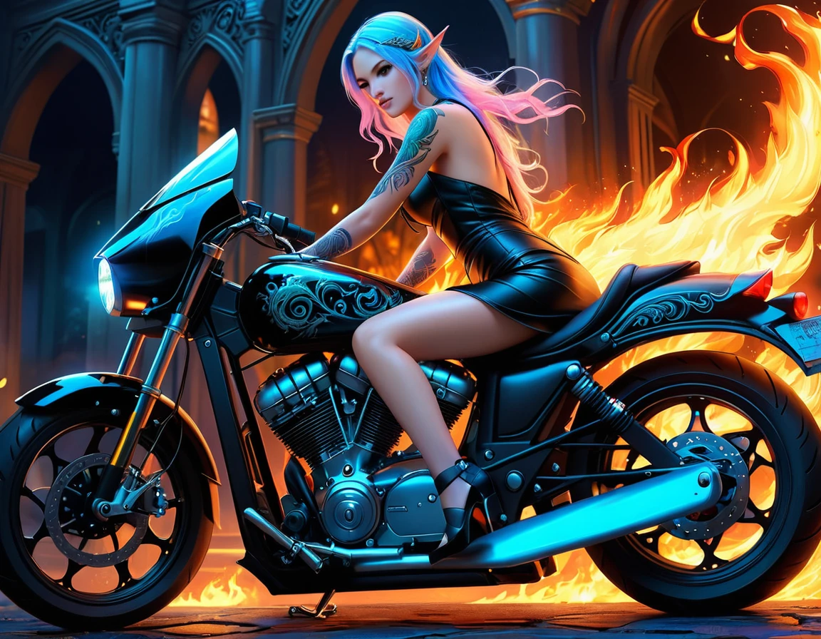 Arafed, Dark fantasy art, fantasy art, goth art, a picture of a of a tattooed female elf near her motorcycle (masterwork, best detailed, ultra detail: 1.5)  the tattoo is vivid, intricate detailed coming to life from the ink to real life, GlowingRunesAI_pale_blue, ((fire surrounds the motorcycle: 1.5)), ultra feminine, ((beautiful delicate face)), Ultra Detailed Face, small pointed ears, dynamic angle, ((the back is visible: 1.3), she wears a transparent black dress, the dress is elegant, flowing, elven style, that the tattoos glow, dynamic hair color, dynamic hair style, high details, best quality, 16k, [ultra detailed], masterpiece, best quality, (extremely detailed), dynamic angle, full body shot, faize, drkfntasy, Digital Painting