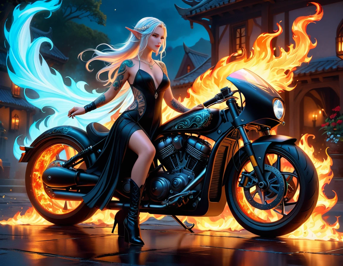 Arafed, Dark fantasy art, fantasy art, goth art, a picture of a of a tattooed female elf near her motorcycle (masterwork, best detailed, ultra detail: 1.5)  the tattoo is vivid, intricate detailed coming to life from the ink to real life, GlowingRunesAI_pale_blue, ((fire surrounds the motorcycle: 1.5)), ultra feminine, ((beautiful delicate face)), Ultra Detailed Face, small pointed ears, dynamic angle, ((the back is visible: 1.3), she wears a transparent black dress, the dress is elegant, flowing, elven style, that the tattoos glow, dynamic hair color, dynamic hair style, high details, best quality, 16k, [ultra detailed], masterpiece, best quality, (extremely detailed), dynamic angle, full body shot, faize, drkfntasy, Digital Painting