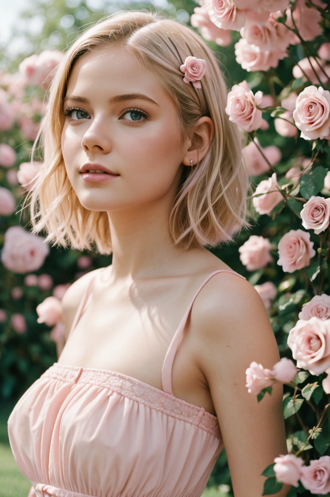 8k, photo and gross, fujifilm, Style photography of a beautiful young girl like Avril in a light pink rose garden. (very detailed skin: 1.2) Style-Petal BREAK short hair, blonde hair with colored highlights, wearing a dress, film grain, 35mm, beautiful style