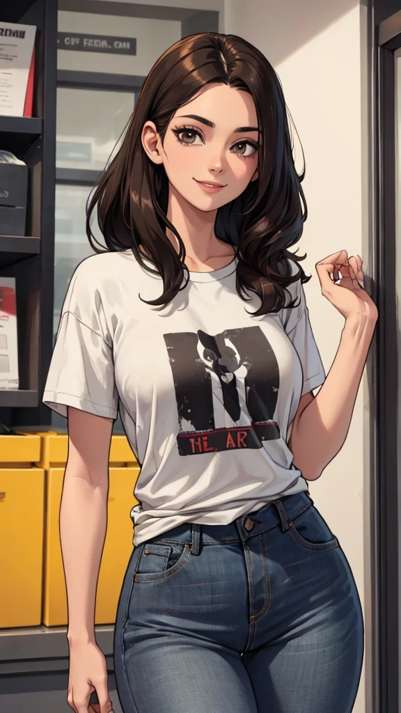 She was dark and thin, wearing jeans and a gray t-shirt.. dark brown hair. Smile