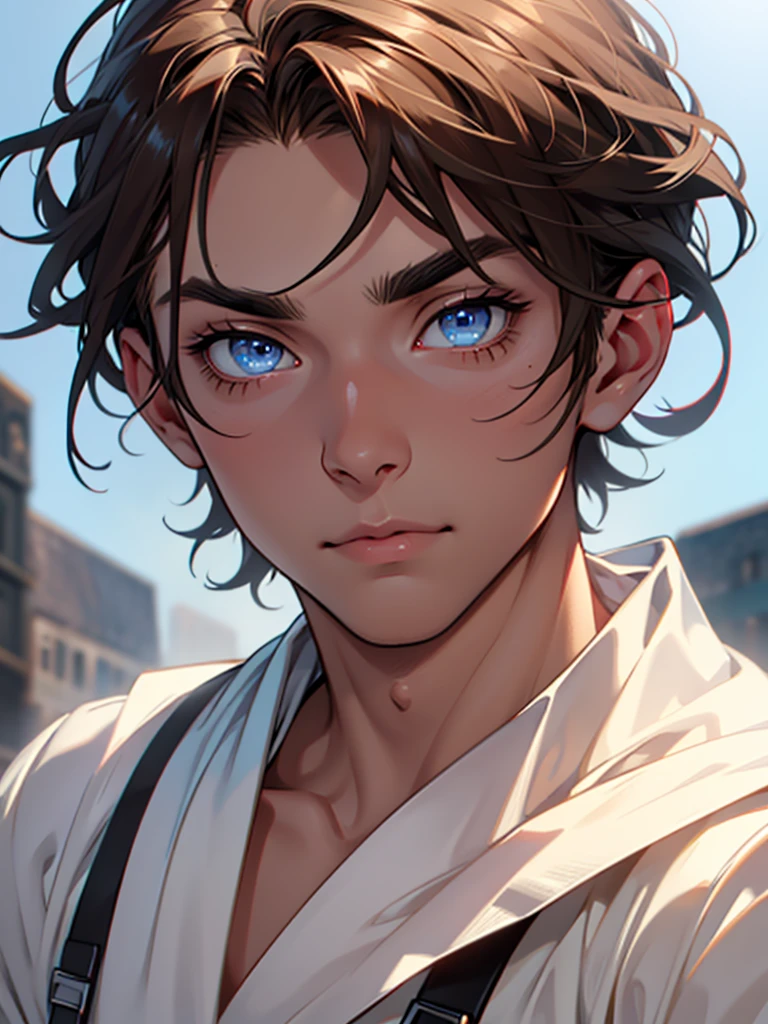 Chico + clear skin + Brown hair + sharp features + blue eyes + wedding eyes + sharp eyes + dark circles under the eyes + long eyelashes + straight eyebrows + well-defined cupid's bow on the lips + painter suit