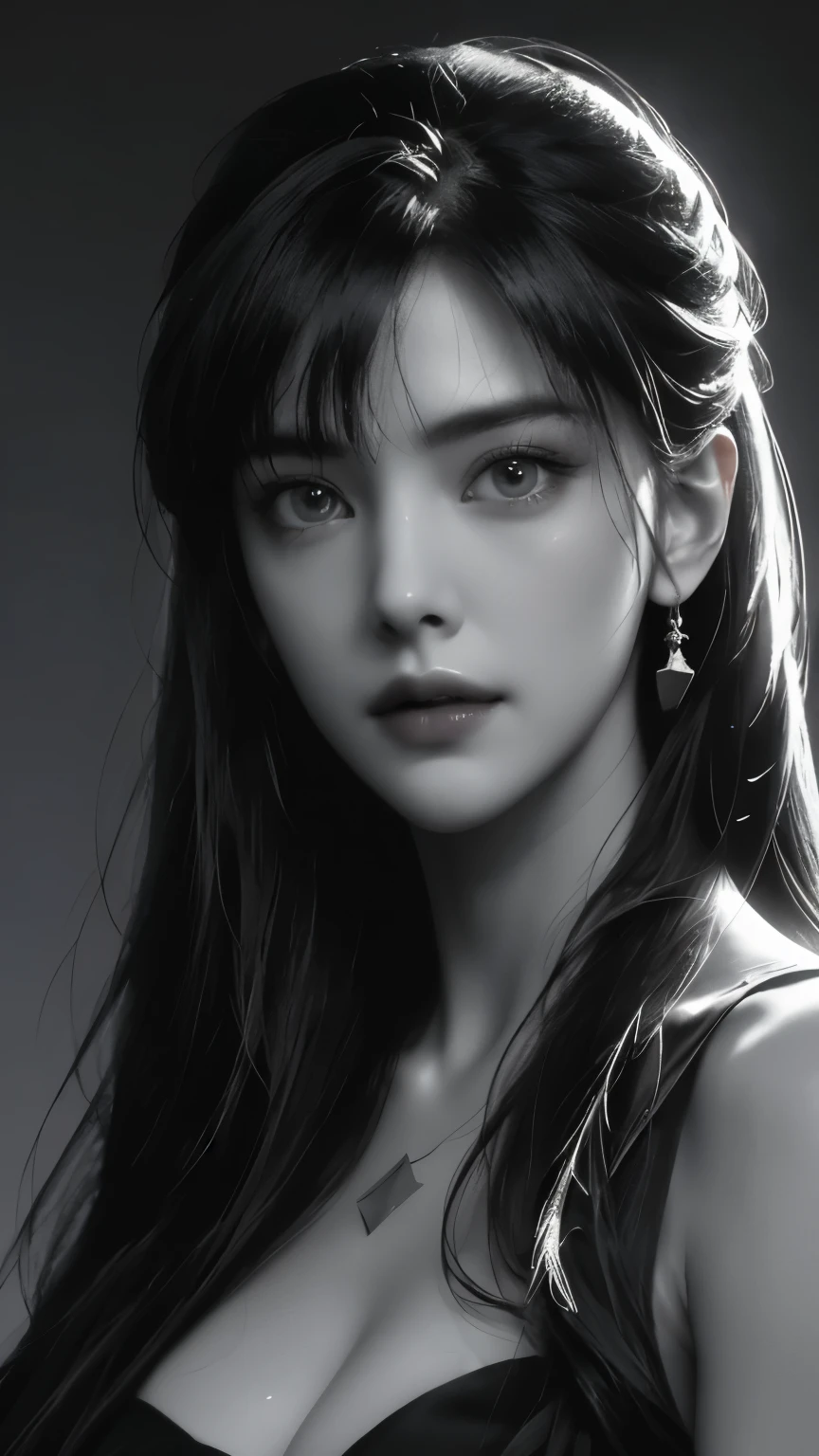 masterpiece, best quality, RAW photos, high resolution, hyper-detailing, Focus on the face, looking at viewer, Detailed eyebrows, realistic beautiful eyes, realistic glossy skin, straight Bangs, realistic movie lighting, detail shaded, high contrast, Slender, big boob, Big breasts, Exposed cleavage, nsfw, Sexy face, Facial expressions when receiving pleasure, ((Dark background)),