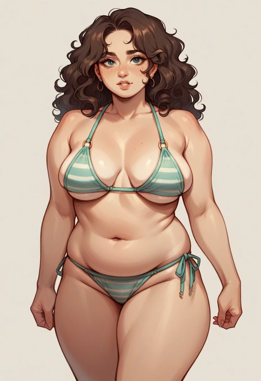 Chubby curly brunette bikini woman