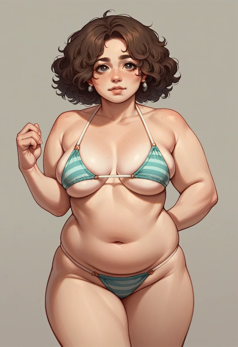 Chubby curly brunette bikini woman