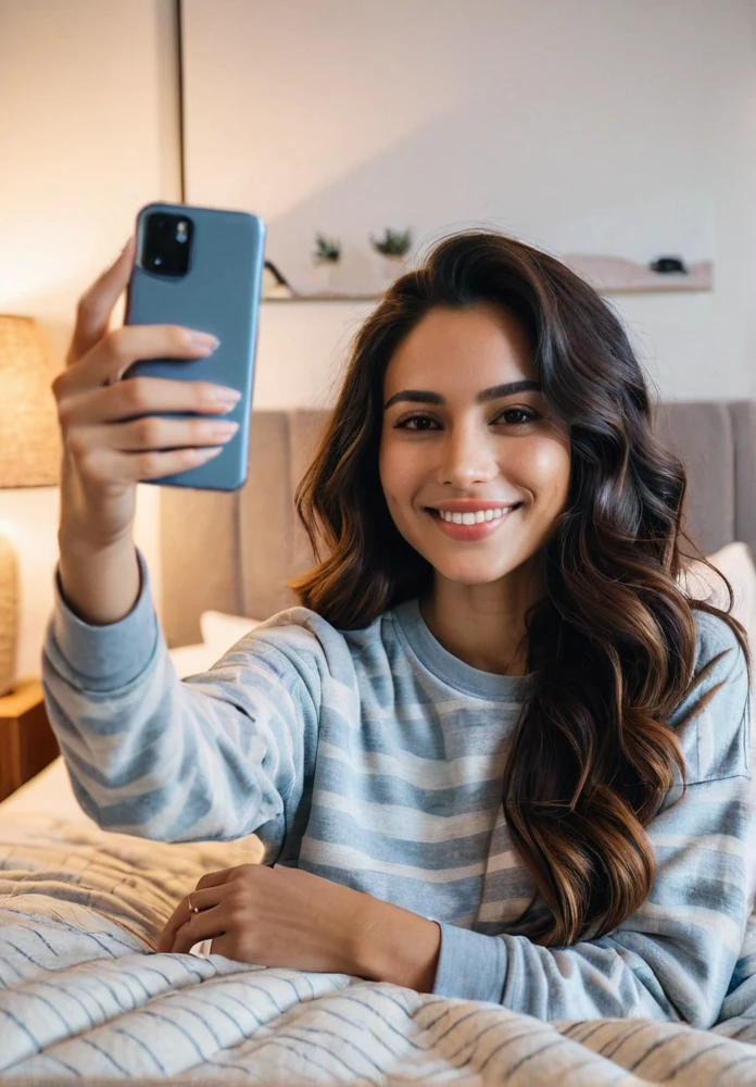 Create an image of a Latina woman taking a selfie while lying on a bed. She has long, dark, wavy hair and is wearing comfortable yet stylish clothing, such as a casual top and shorts or pajamas. The setting is a cozy bedroom with soft, warm lighting, emphasizing her relaxed and cheerful demeanor. The bed has neatly arranged pillows and a plush blanket, adding to the cozy atmosphere. She is smiling warmly, holding her smartphone at arm's length, with her face and upper body clearly visible in the frame. Ensure the overall atmosphere is intimate and inviting.