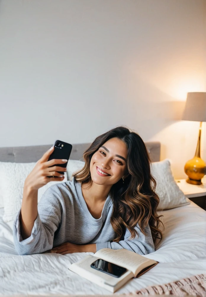 Create an image of a Latina woman taking a selfie while lying on a bed. She has long, dark, wavy hair and is wearing comfortable yet stylish clothing, such as a casual top and shorts or pajamas. The setting is a cozy bedroom with soft, warm lighting, emphasizing her relaxed and cheerful demeanor. The bed has neatly arranged pillows and a plush blanket, adding to the cozy atmosphere. She is smiling warmly, holding her smartphone at arm's length, with her face and upper body clearly visible in the frame. Ensure the overall atmosphere is intimate and inviting.