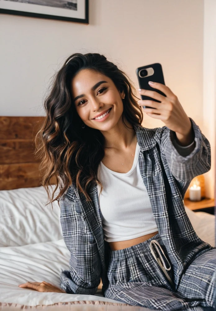 Create an image of a Latina woman taking a selfie while lying on a bed. She has long, dark, wavy hair and is wearing comfortable yet stylish clothing, such as a casual top and shorts or pajamas. The setting is a cozy bedroom with soft, warm lighting, emphasizing her relaxed and cheerful demeanor. The bed has neatly arranged pillows and a plush blanket, adding to the cozy atmosphere. She is smiling warmly, holding her smartphone at arm's length, with her face and upper body clearly visible in the frame. Ensure the overall atmosphere is intimate and inviting.