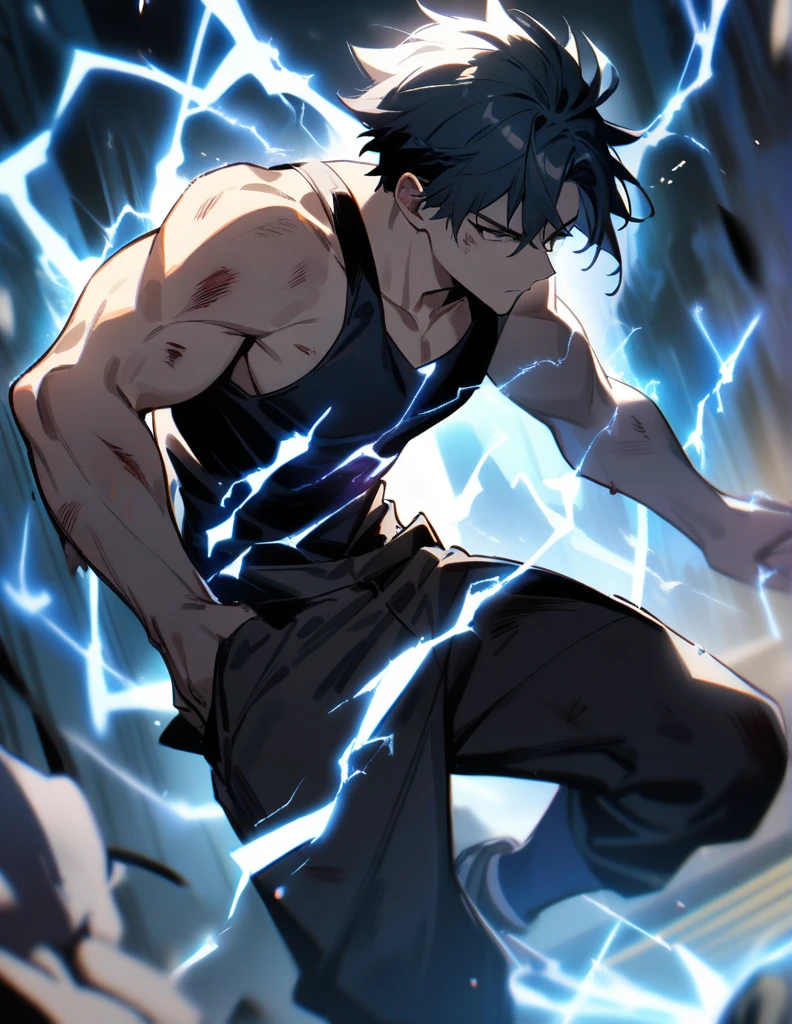1boy, male focus, injury, electricity,, masterpiece, best quality, very aesthetic, absurdres