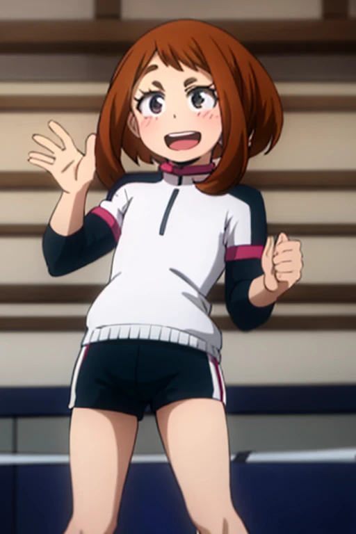 ((Highest quality)), ((masterpiece)), (be familiar with), Perfect Face, indoor, Bedroom, Watching the audience,
One woman, Ochaco Uraraka,
Open Mouth, Ecstatic expression, blush, smile,
Small breasts, Flat Chest, Young Girl, , , Girl,
Short Hair, Bob Hair,
Gym suit, White short sleeves, Black shorts, Leg spread,