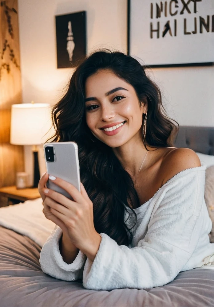 Create an image of a Latina woman taking a selfie while lying on a bed. She has long, dark, wavy hair and is wearing comfortable yet stylish clothing, such as a casual top and shorts or pajamas. The setting is a cozy bedroom with soft, warm lighting, emphasizing her relaxed and cheerful demeanor. The bed has neatly arranged pillows and a plush blanket, adding to the cozy atmosphere. She is smiling warmly, holding her smartphone at arm's length, with her face and upper body clearly visible in the frame. Ensure the overall atmosphere is intimate and inviting.