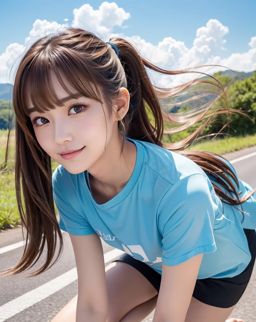 (Highest quality, 32k, High resolution, Masterpiece:1.5, ), marimo_jet, god々A photograph with brilliant dazzling and healing power., Evoking a sense of calm and elusive beauty, Expressing emotions, Have a rich imagination, The road to the horizon, Nostalgic scenery of youth, Beautiful Japanese Girls, An exceptionally beautiful face, Small Face Beauty, Perfect Human Anatomy, Magical big eyes, Motherhood and generosity, Deep Love, fleeting smile, ((Shiny brown hair:1.1)), ((A beautiful ponytail swaying in the wind)), Asymmetrical bangs, Hair between the eyes, Transparent, soft white skin, Sharp eyebrows, Thin lashes, Natural Makeup, Cheek highlighter, Pale pink detailed lips, (Blue T-shirt:1.3), ((High resolutionの美しい太もも, Beautiful legs), ((Narrow country road)), Beautifully detailed skies, Professional Photographer, Professional Lighting, Professional Model