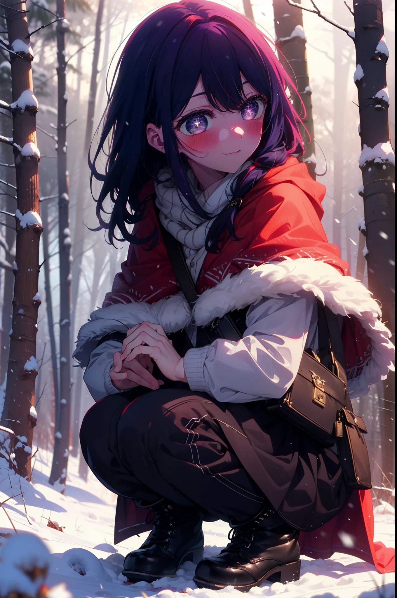 aihoshino, Ai Hoshino, Long Hair, bangs, (Purple eyes:1.1), Purple Hair, (Symbol-shaped pupil:1.5), smile,,smile,blush,White Breath,
Open your mouth,snow,Ground bonfire, Outdoor, boots, snowing, From the side, wood, suitcase, Cape, Blurred, , forest, White handbag, nature,  Squat, Mouth closed, Cape, winter, Written boundary depth, Black shoes, red Cape break looking at viewer, Upper Body, whole body, break Outdoor, forest, nature, break (masterpiece:1.2), Highest quality, High resolution, unity 8k wallpaper, (shape:0.8), (Beautiful and beautiful eyes:1.6), Highly detailed face, Perfect lighting, Highly detailed CG, (Perfect hands, Perfect ???????),