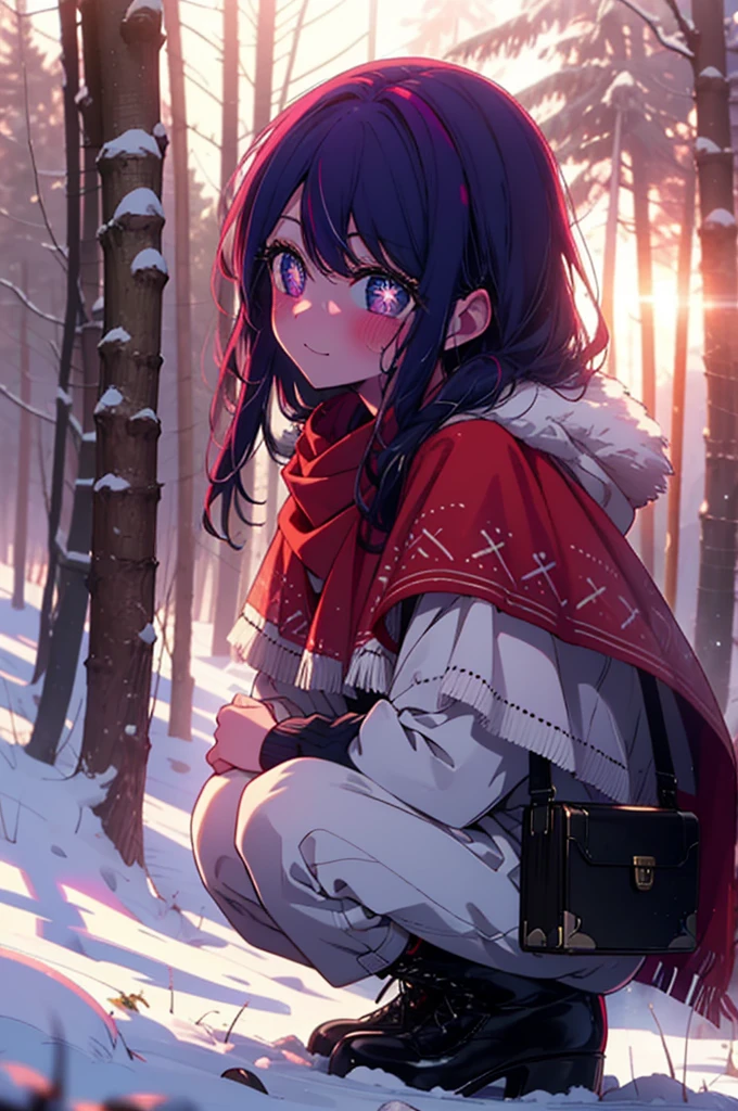 aihoshino, Ai Hoshino, Long Hair, bangs, (Purple eyes:1.1), Purple Hair, (Symbol-shaped pupil:1.5), smile,,smile,blush,White Breath,
Open your mouth,snow,Ground bonfire, Outdoor, boots, snowing, From the side, wood, suitcase, Cape, Blurred, , forest, White handbag, nature, Squat, Mouth closed, Cape, winter, Written boundary depth, Black shoes, red Cape break looking at viewer, Upper Body, whole body, break Outdoor, forest, nature, break (masterpiece:1.2), Highest quality, High resolution, unity 8k wallpaper, (shape:0.8), (Beautiful and beautiful eyes:1.6), Highly detailed face, Perfect lighting, Highly detailed CG, (Perfect hands, Perfect Anatomy),