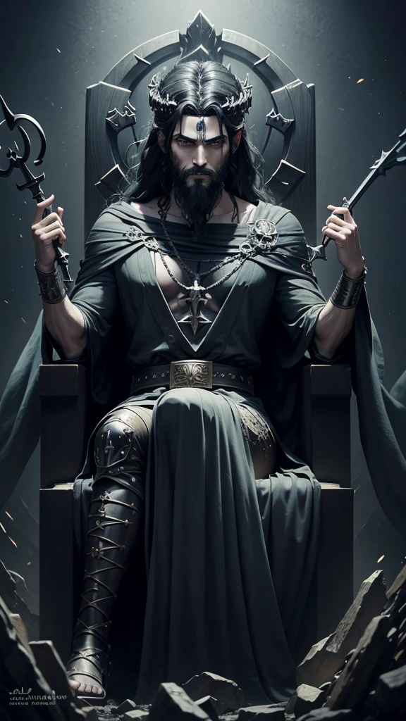 a giant adult male figure, Cronus the Titan god of time, detailed face, disheveled gray hair, long gray beard, wearing a dark long robe with a golden belt and armbands, holding a sharp metal scythe, standing in a lush green field, greek mythology, the greek mythological figure Cronus, (best quality,4k,8k,highres,masterpiece:1.2),ultra-detailed,(realistic,photorealistic,photo-realistic:1.37),highly detailed, dramatic lighting, cinematic composition, vivid colors, intricate details