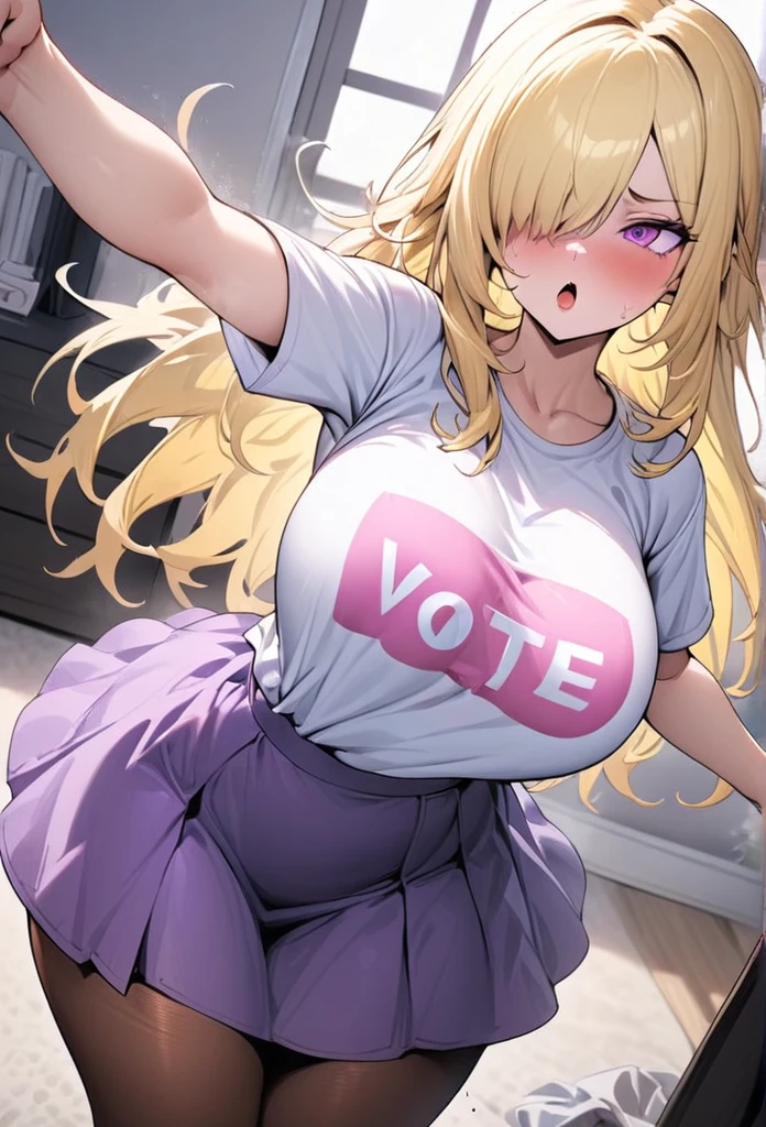 ((Best Quality)), ((Masterpiece)), (detailed), 1 girl, Pastel yellow hair, long hair, hair covers one eye, purple eyes, big breasts, big thighs, , white vote t-shirt, purple skirt, brown pantyhose, pouting, expwctativa arrives, clenching fists, throwing a tantrum, at home